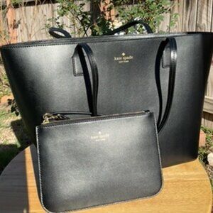 kate spade Black Leather Tote with Gold Logo + matching wristlet